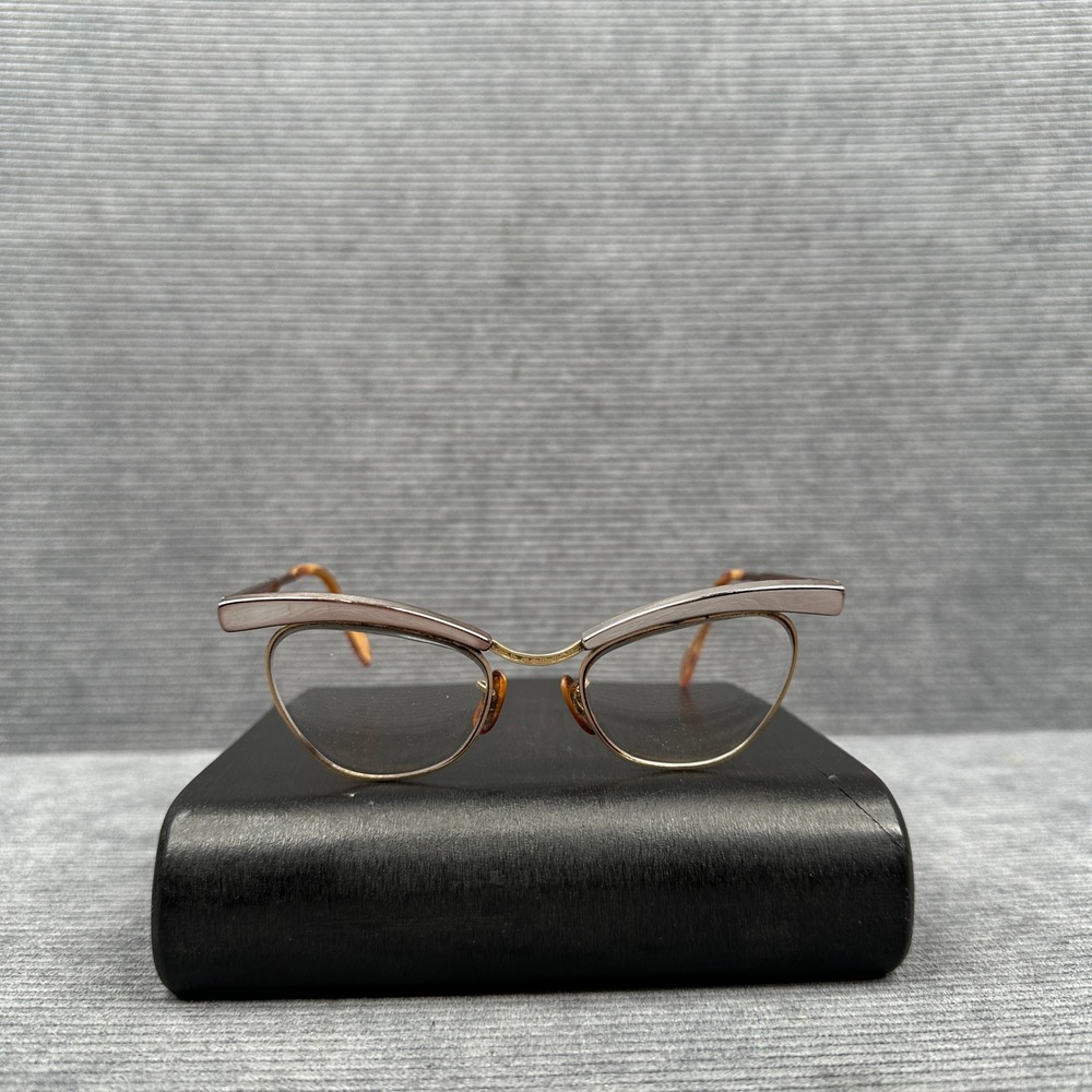 Vintage 50s Shuron Cat Eye Glasses Gold Copper Browline Frames 5 1/4 LO